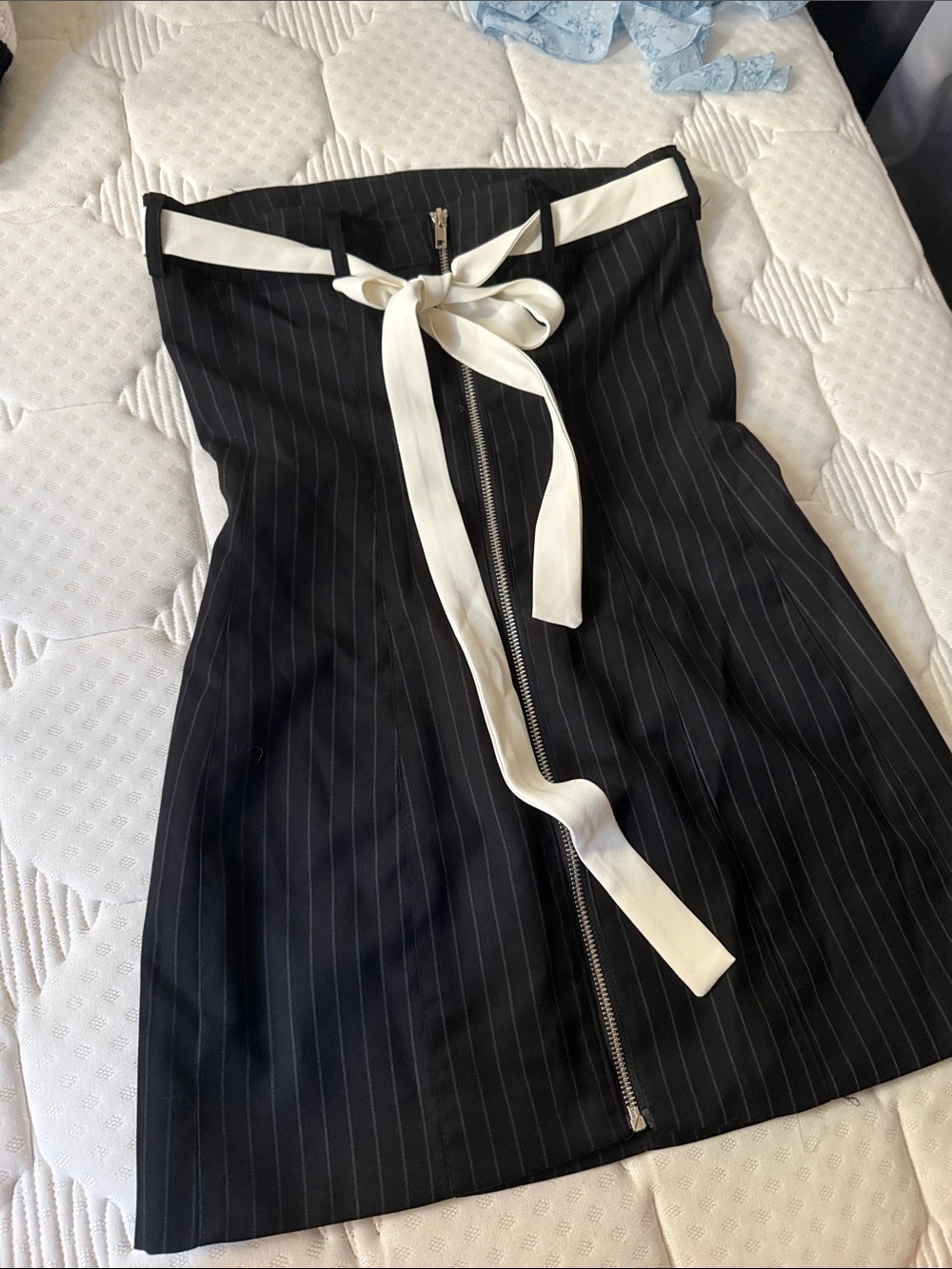 Black Pinstripe Mini Dress with White Bow